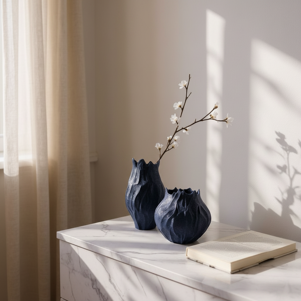 Two organic stone-like sculptural vases in navy blue on a marble side table with dried flowers