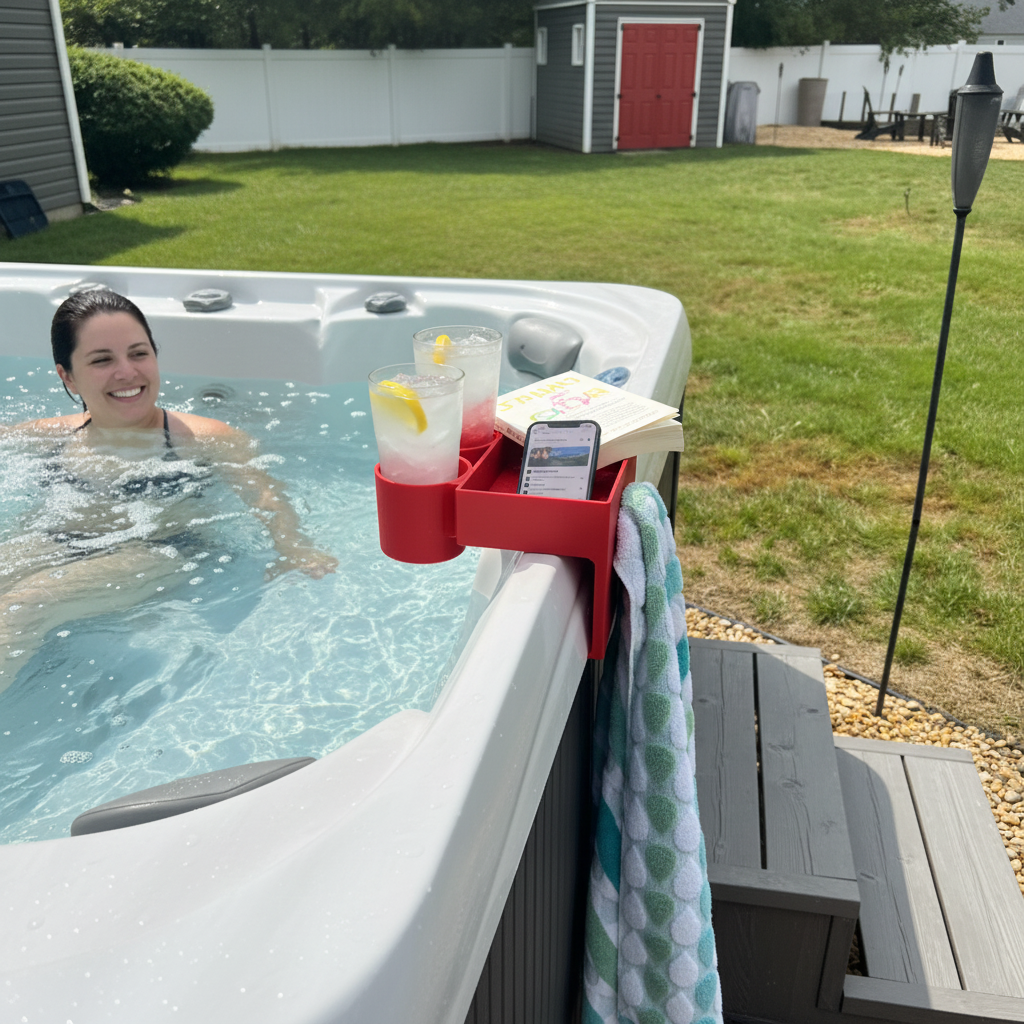Red Hot Spot Rhythm Hot Tub Caddy on hot tub edge with person relaxing in background in sunny garden