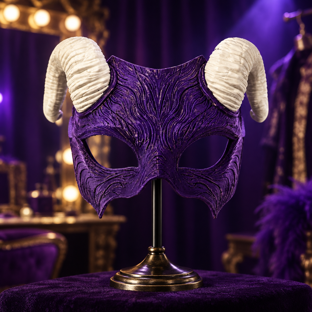 Purple Faun Mask with ivory ram horns in a theatre studio, strap not included