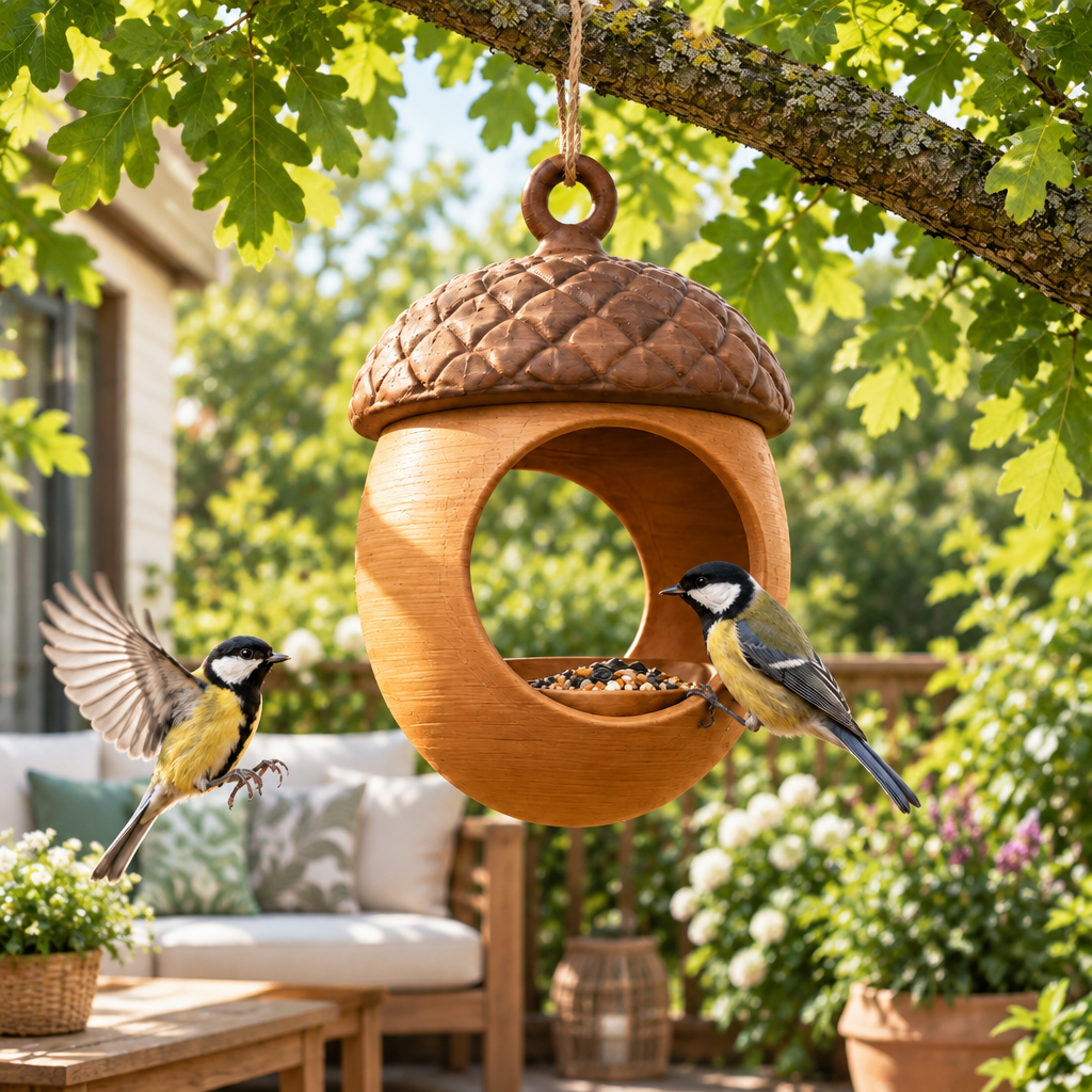 Acorn feeder on leafy summer terrace