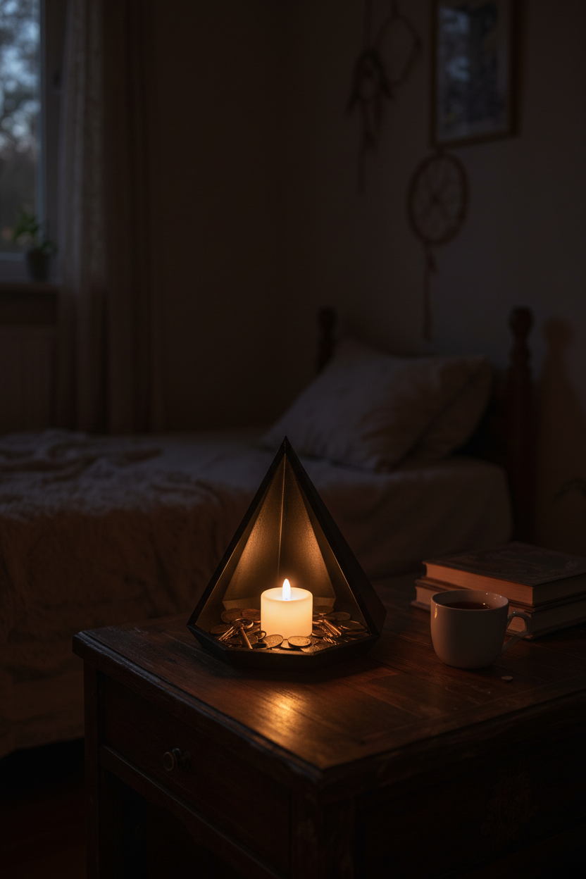 Matte black geometric pyramid tray on dark oak desk with keys and glowing LED tealight