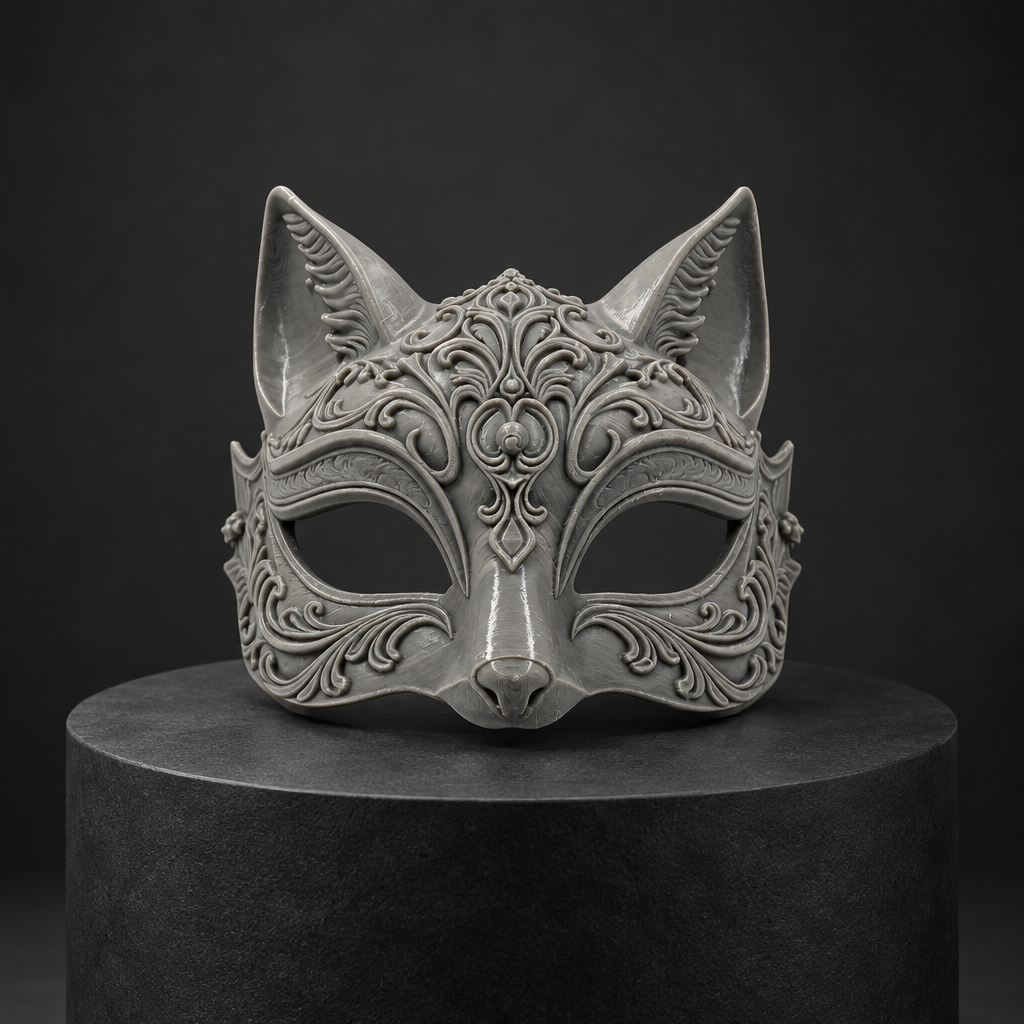 Grey ornate cat mask displayed on a charcoal studio plinth