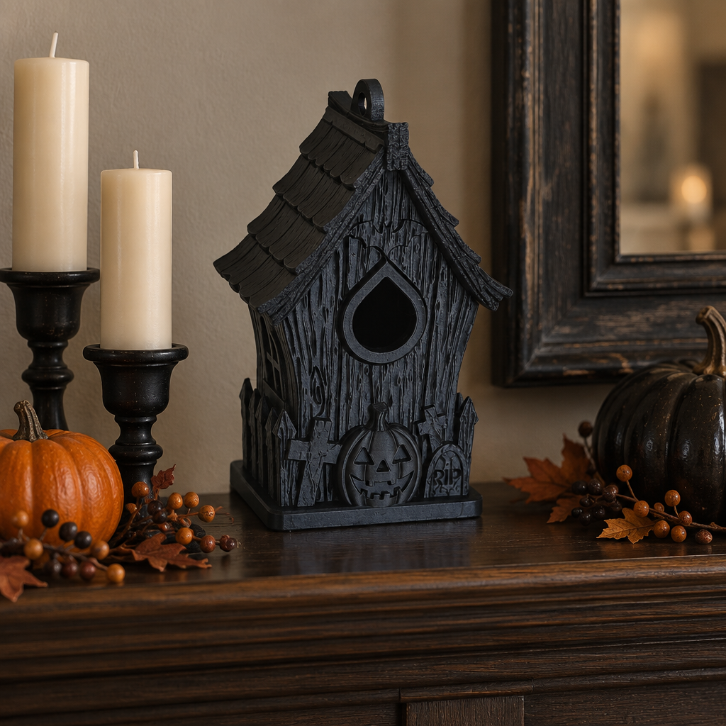 Haunted bird house on a Halloween mantel