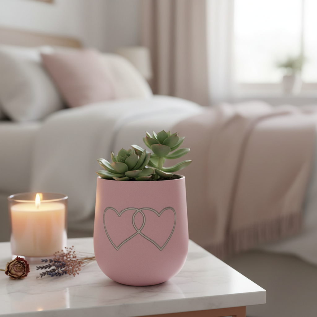 Dusty rose pink Two Hearts planter with a succulent on a marble side table with candles and dried flowers