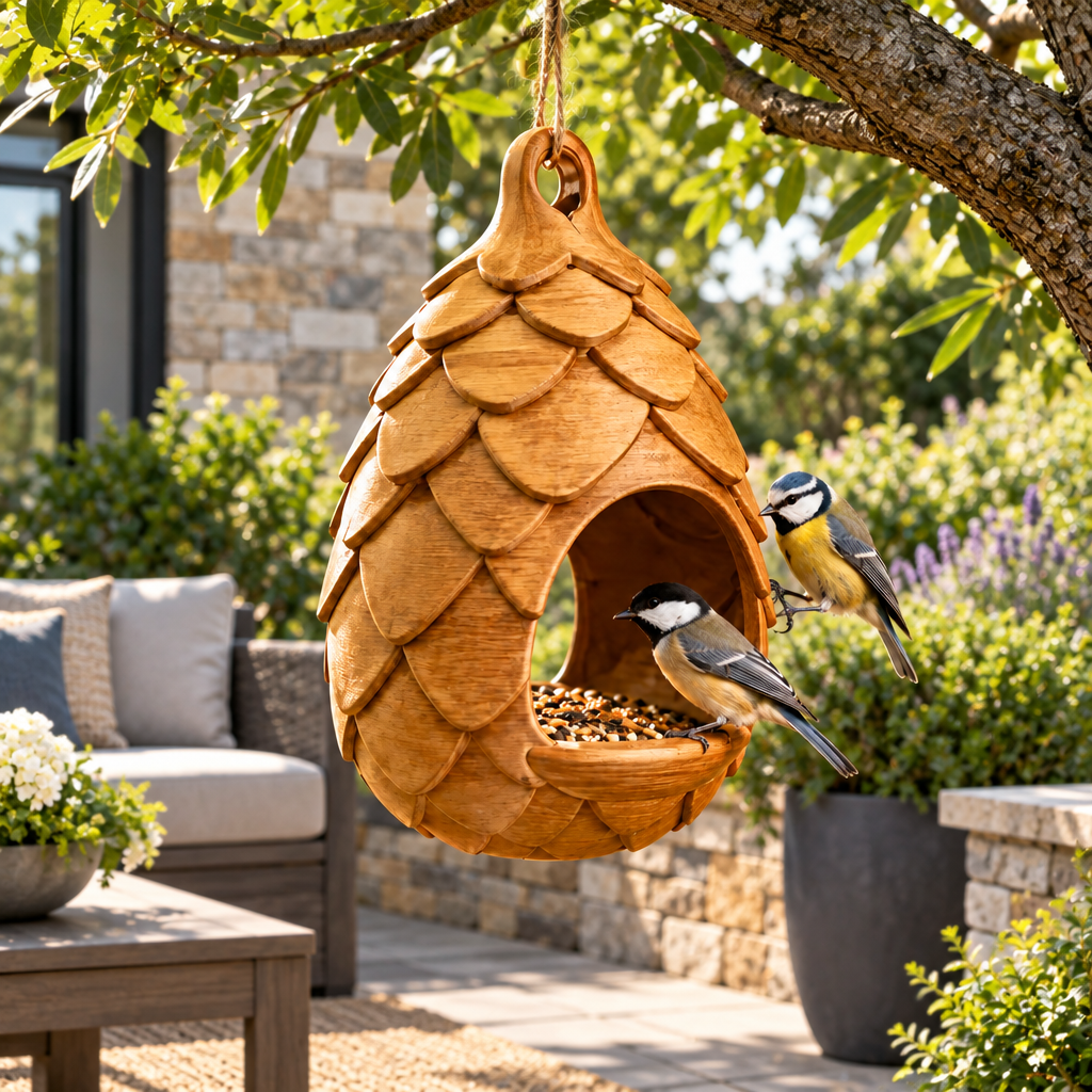 Pinecone feeder on modern stone patio