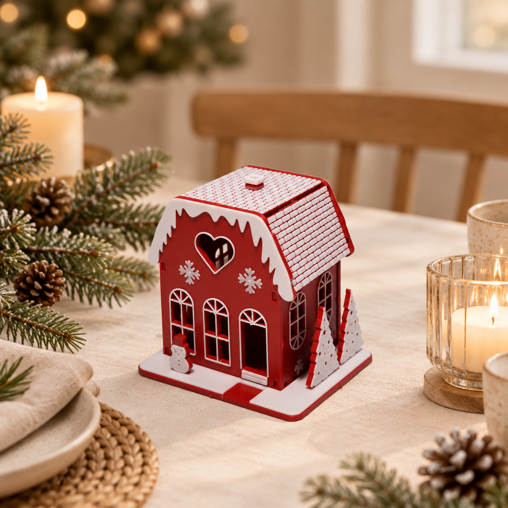 Red miniature Christmas house displayed on a festive dining table