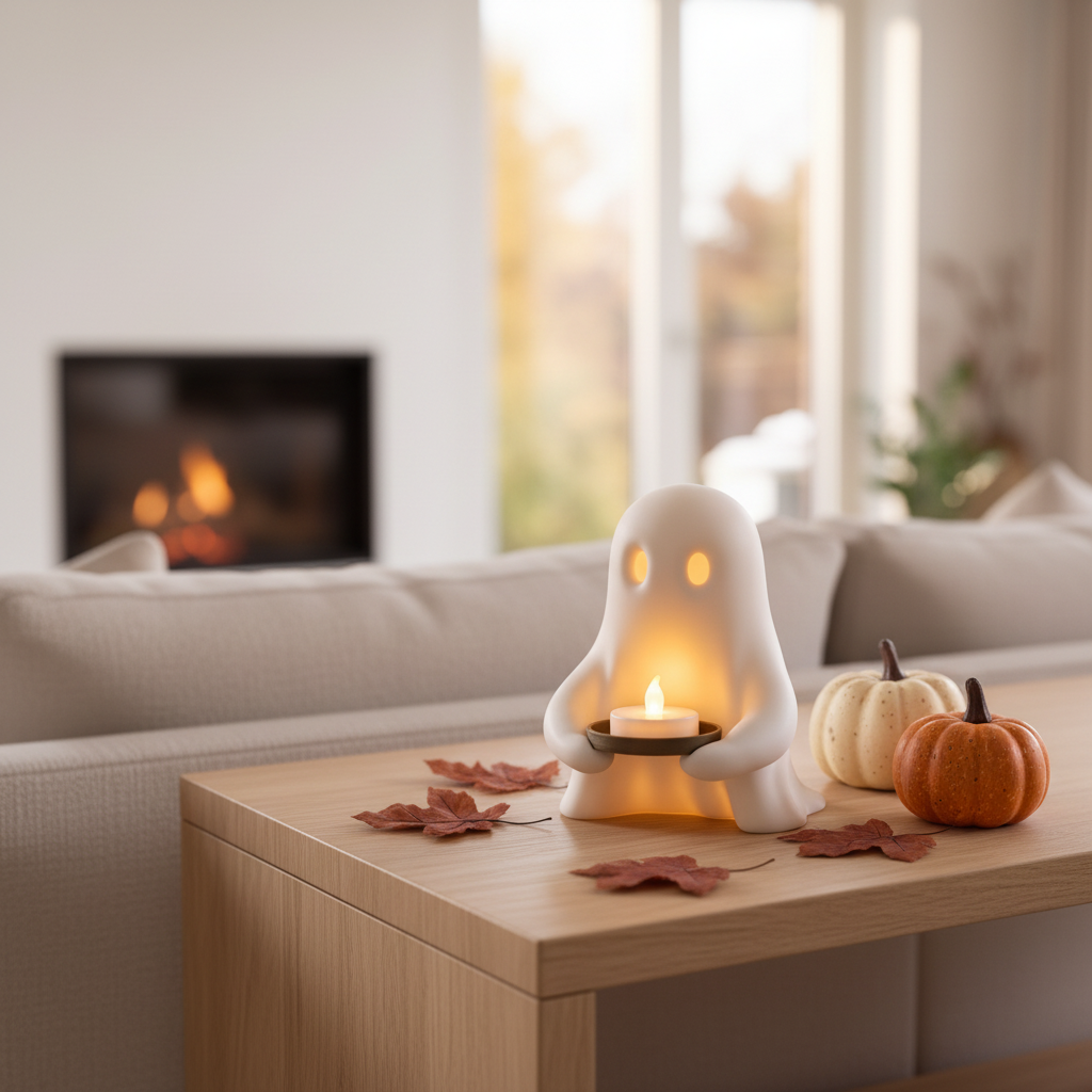 White ghost LED tealight holder styled with pumpkins in a modern living room