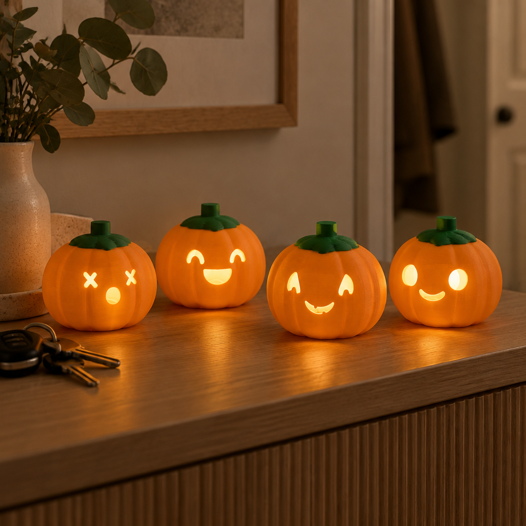 Four pumpkin lanterns on a hallway console