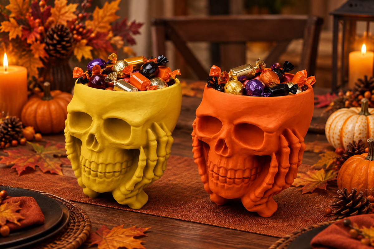 Yellow and orange skull sweet bowls held by sculpted hands on a Halloween dining table