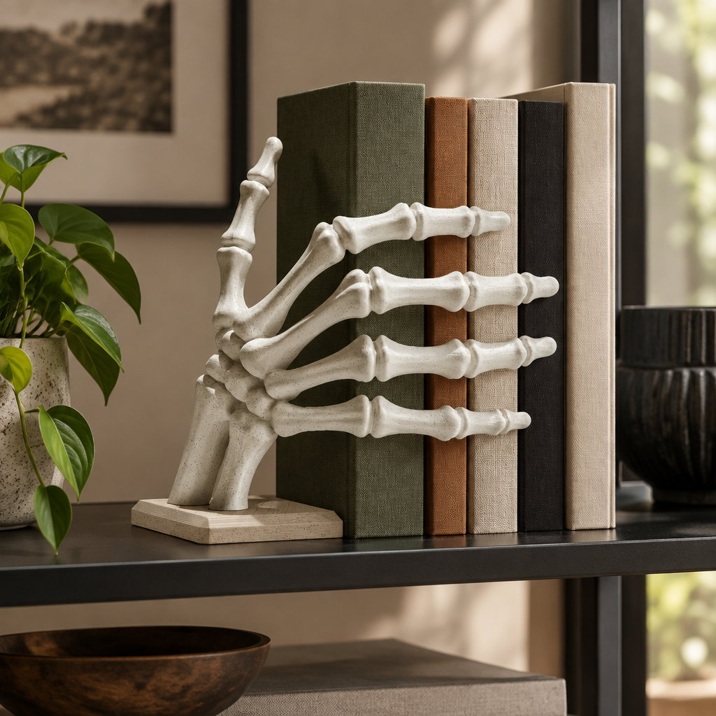 Skeleton hand bookstop in an elegant study