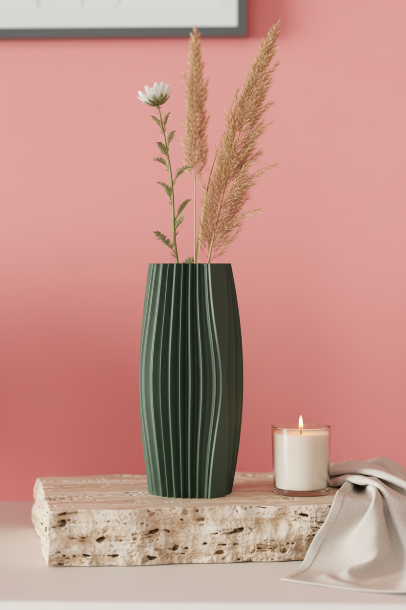 Sage green ribbed vase with dried grasses on travertine raking sunlight - lifestyle