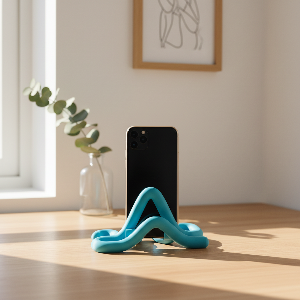 Wibbly Phone Stand on oak desk home office