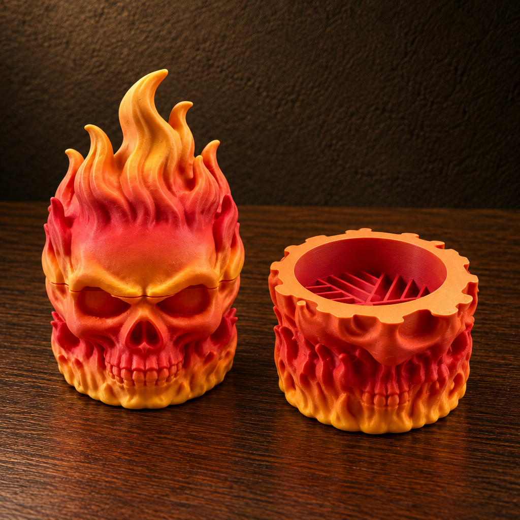 Flaming Skull Herb Grinder shown open on wooden table