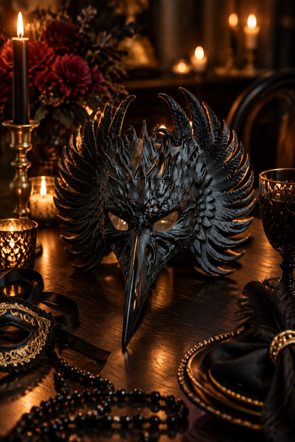 Black feathered Raven Mask displayed on a dark dining table