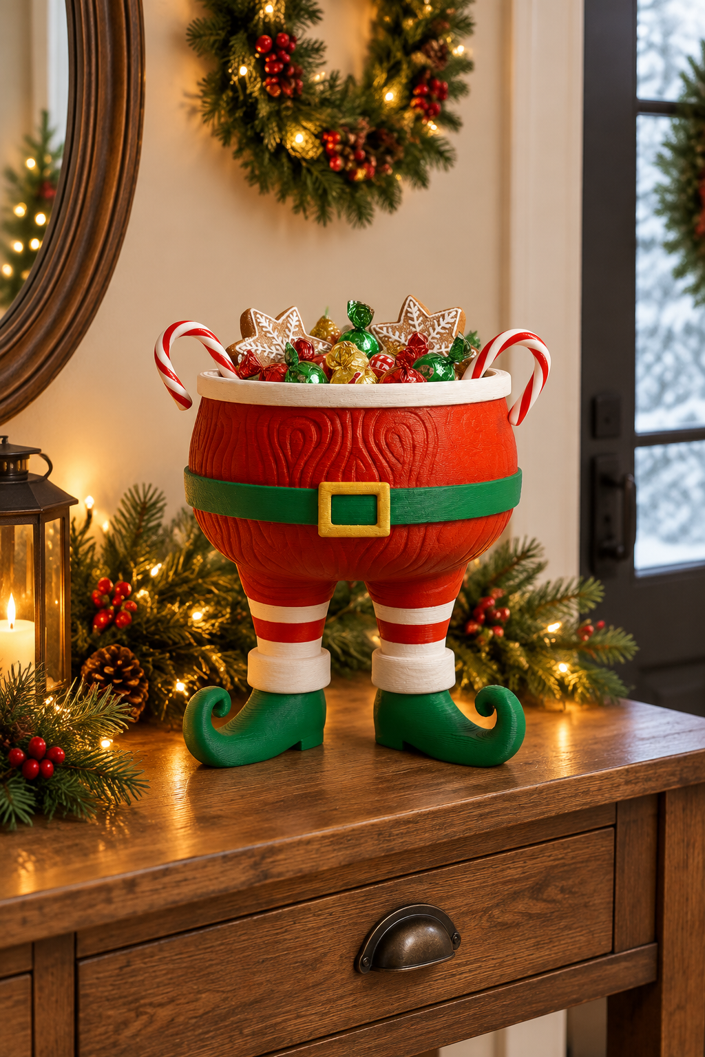 Santa legs sweet bowl styled on a Christmas entryway console with wreath and greenery