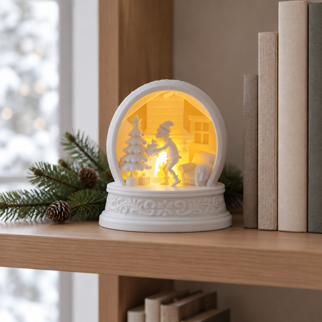 Grinch Christmas tealight holder on a bookshelf with neutral books and greenery