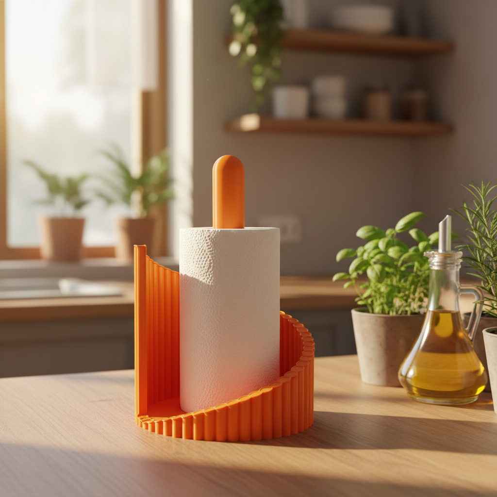 Twisted Ribbed Paper Towel Holder - orange colourway on wooden counter with fresh herbs and olive oil, warm morning light
