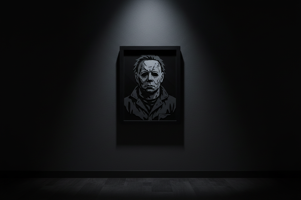 Michael Myers Shadow Box hung on a dark charcoal feature wall with dramatic cold single spotlight