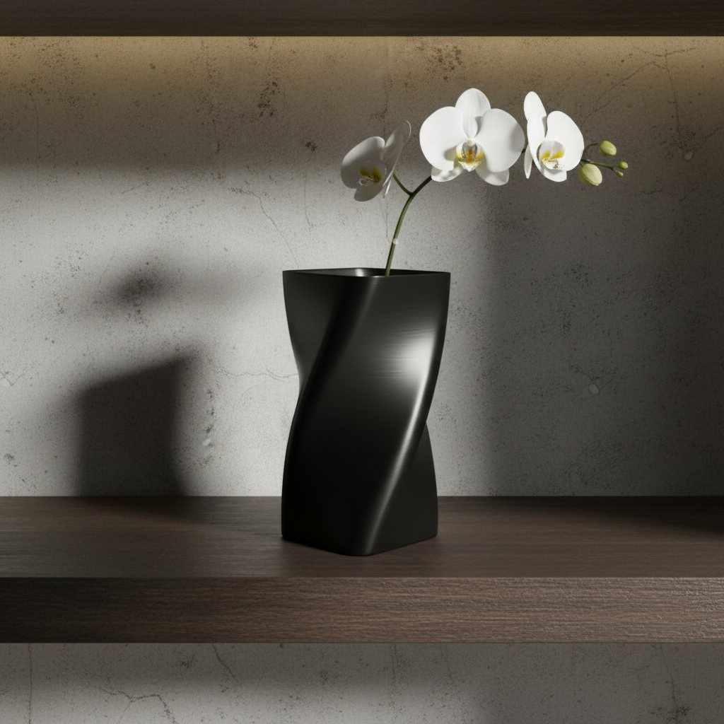 Matte black swirled vase on dark shelf with single white orchid stem, luxury minimal interior
