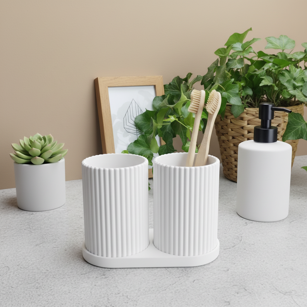 Matte white ribbed dual toothbrush holder on grey stone bathroom counter with bamboo toothbrushes and succulent