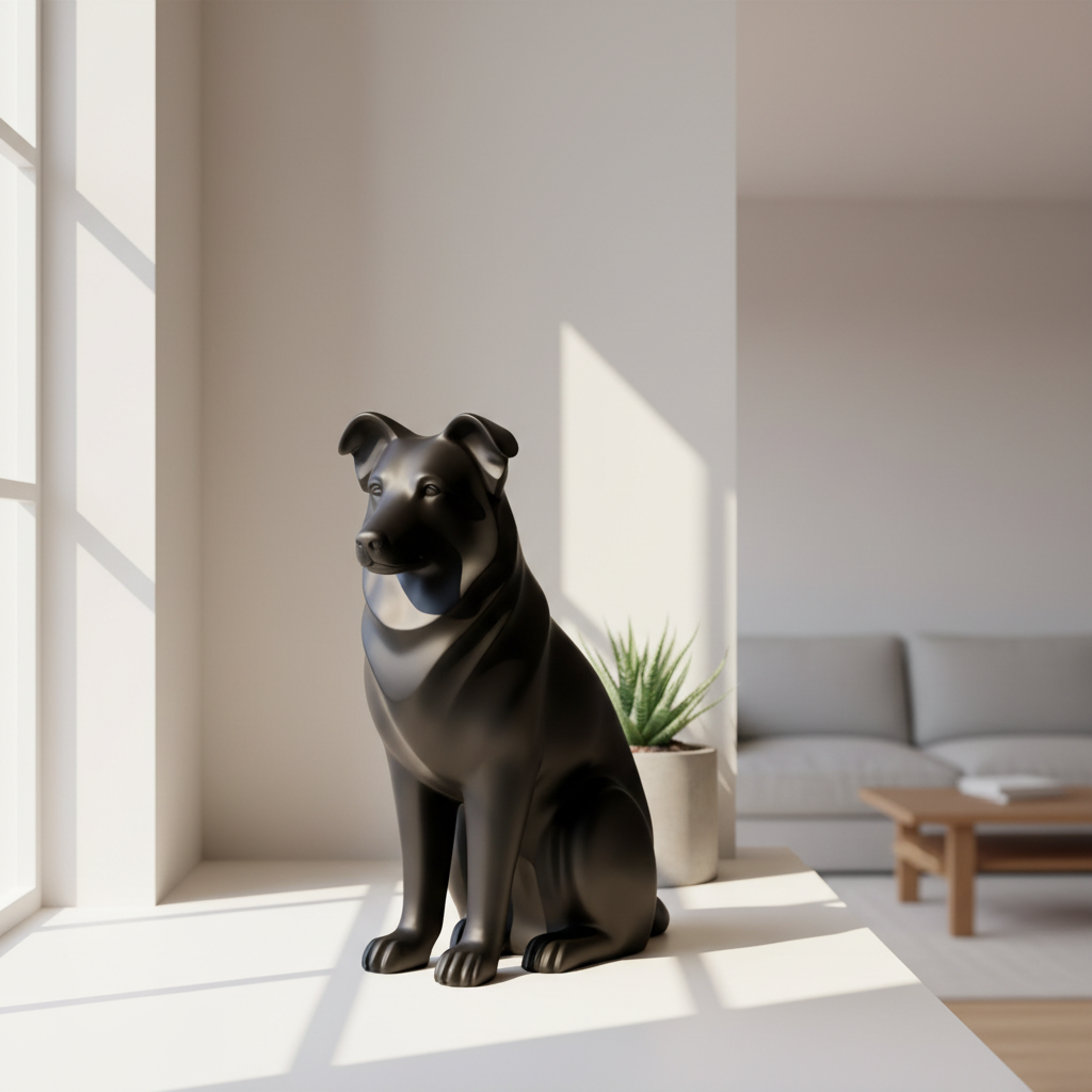 Black Australian Shepherd sculpture in a bright window alcove with natural side light