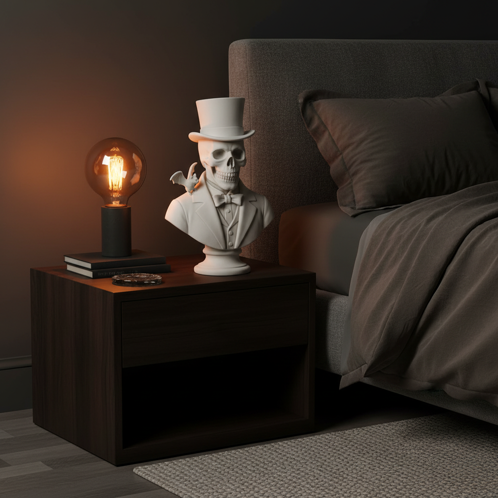 White gentleman skull bust sculpture on a bedroom side table