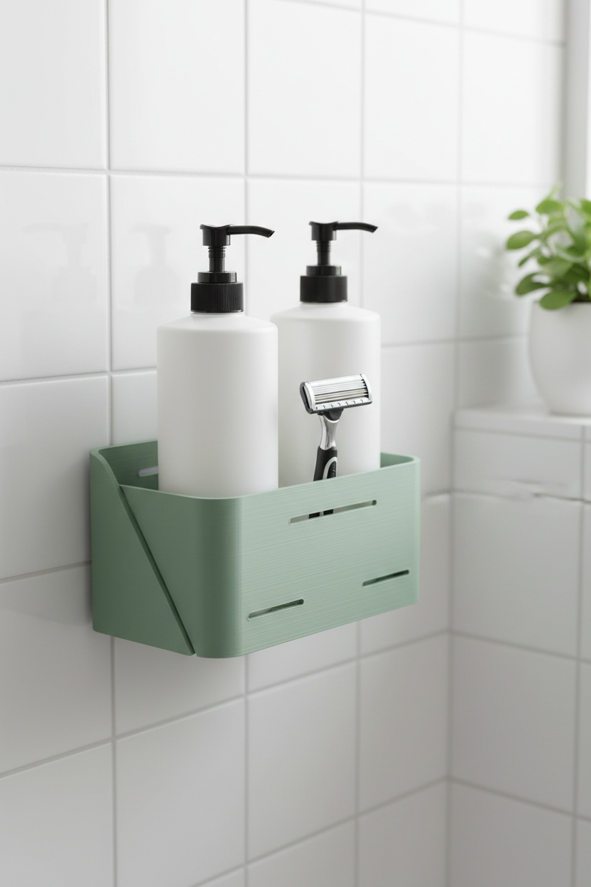 Sage green Hydro Holder wall-mounted organizer on bathroom tiles with shampoo and razor