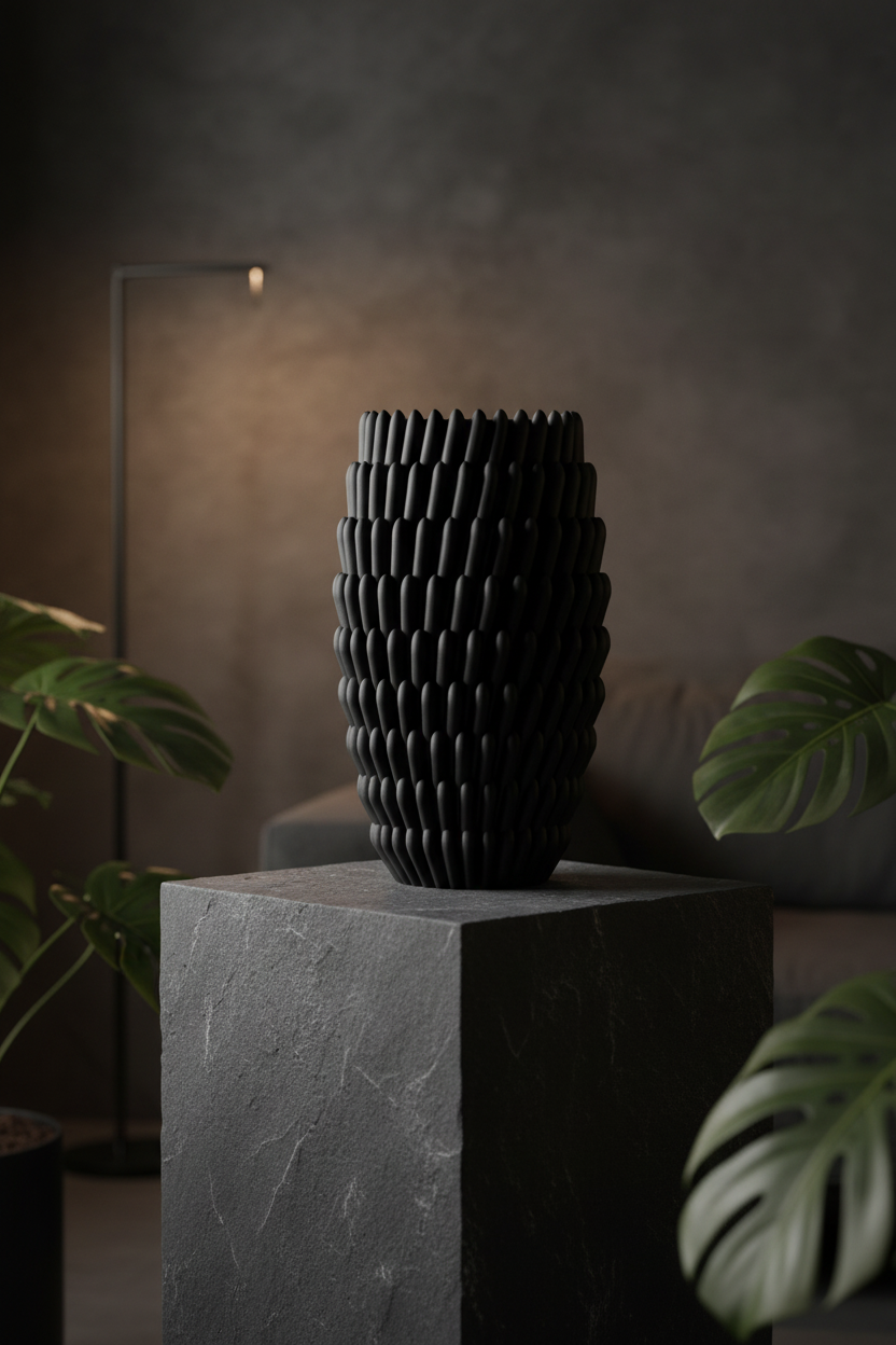 Black sea anemone vase sculptural on dark plinth moody interior - lifestyle