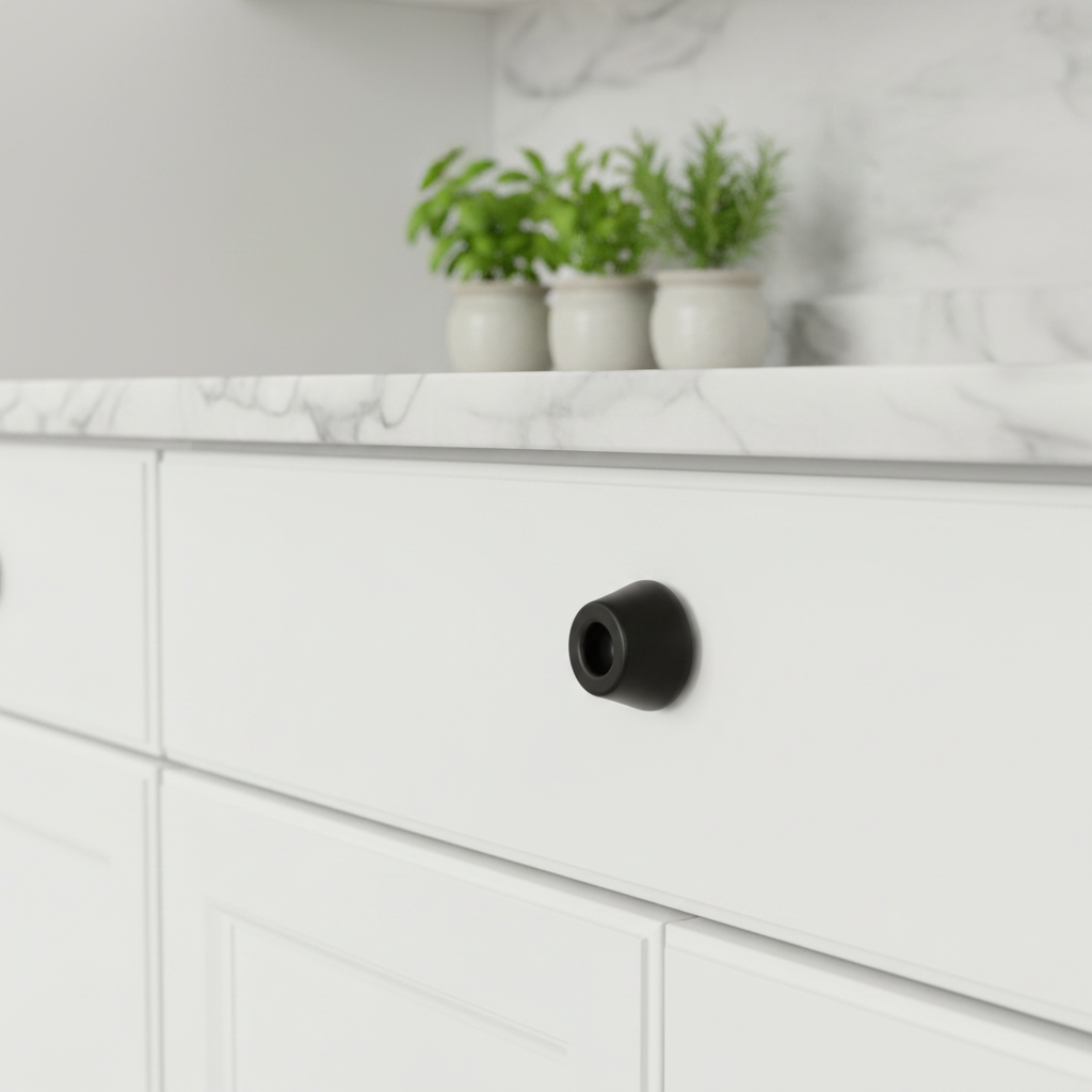Taper handle in black on white shaker kitchen