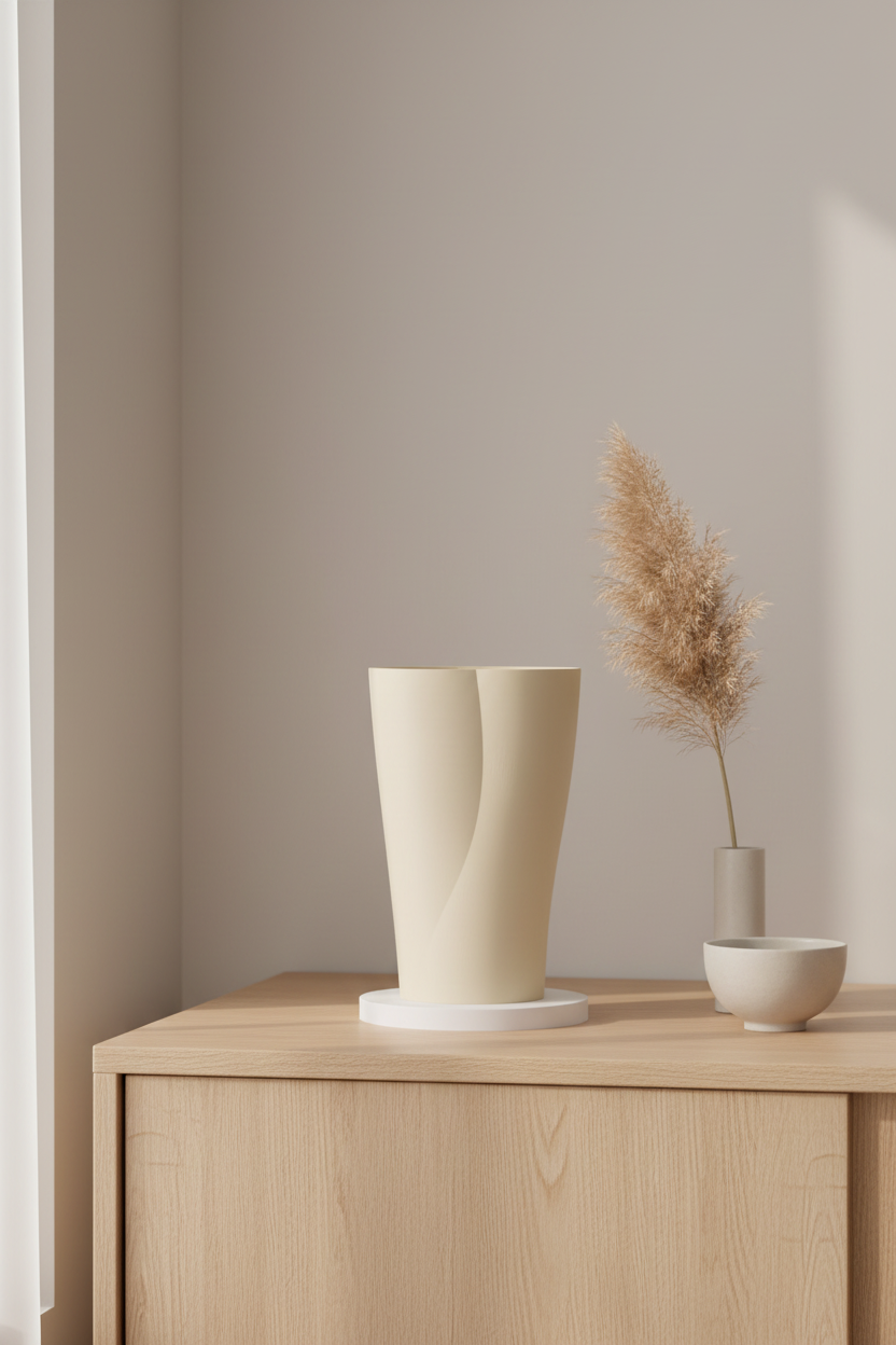 Elegant Modern Curve Vase warm white tapered pinched waist twist white disc base pale oak sideboard pampas grass ceramic bowl soft Japandi interior