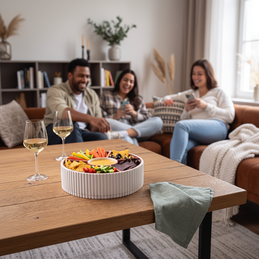 360-Degree Rotatable Ribbed Multi-Tray with snacks on a wooden coffee table in a cosy living room with friends