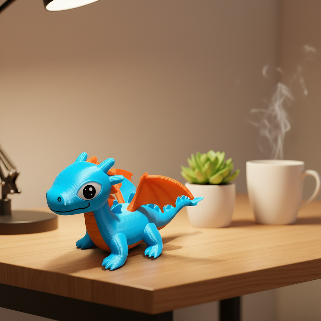 Little Charmkeeper Dragon Figurine - blue colourway on desk with succulent and mug