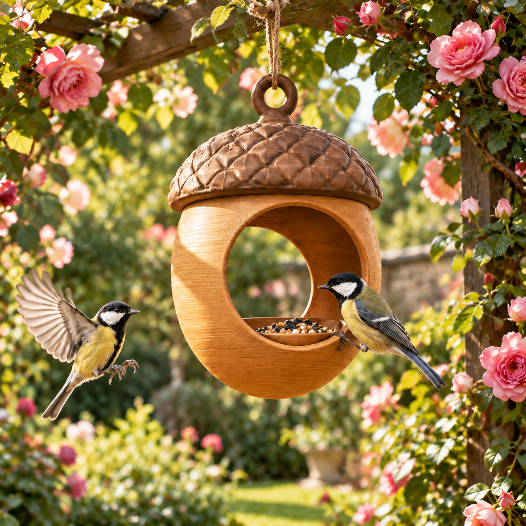Acorn feeder by rose pergola