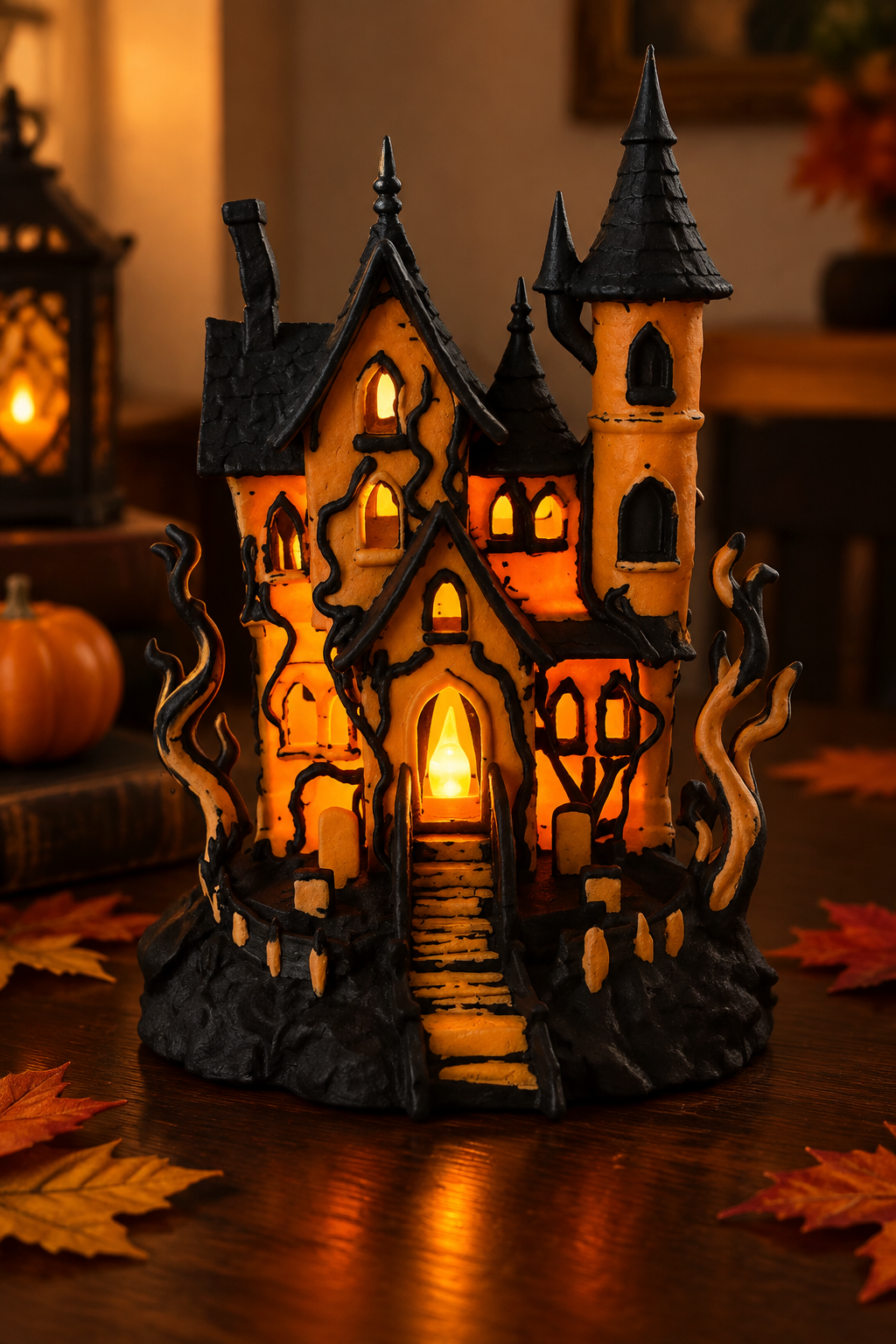 Close lifestyle view of the haunted-house holder showing its pointed black roofs, glowing doorway and sculpted branches