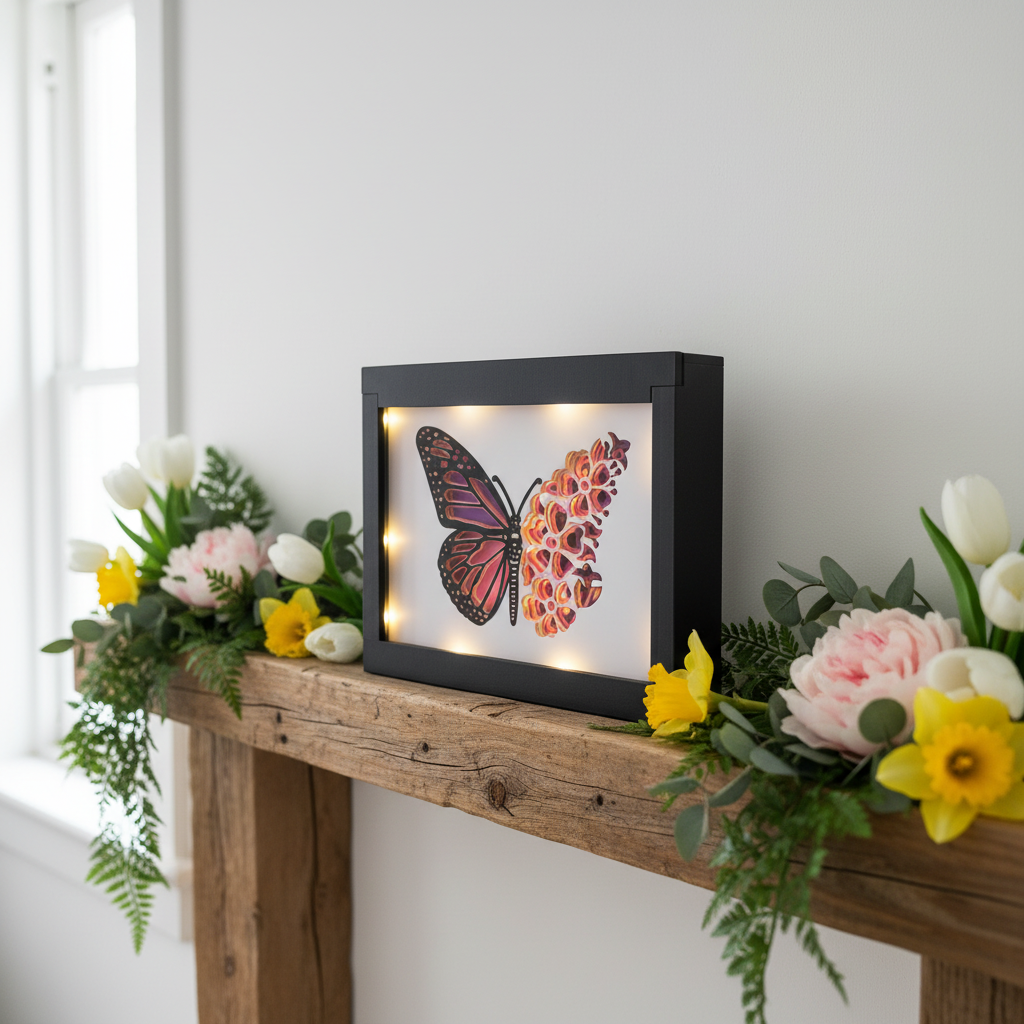 Butterfly Shadow Box displayed on a mantelpiece with spring flowers and greenery
