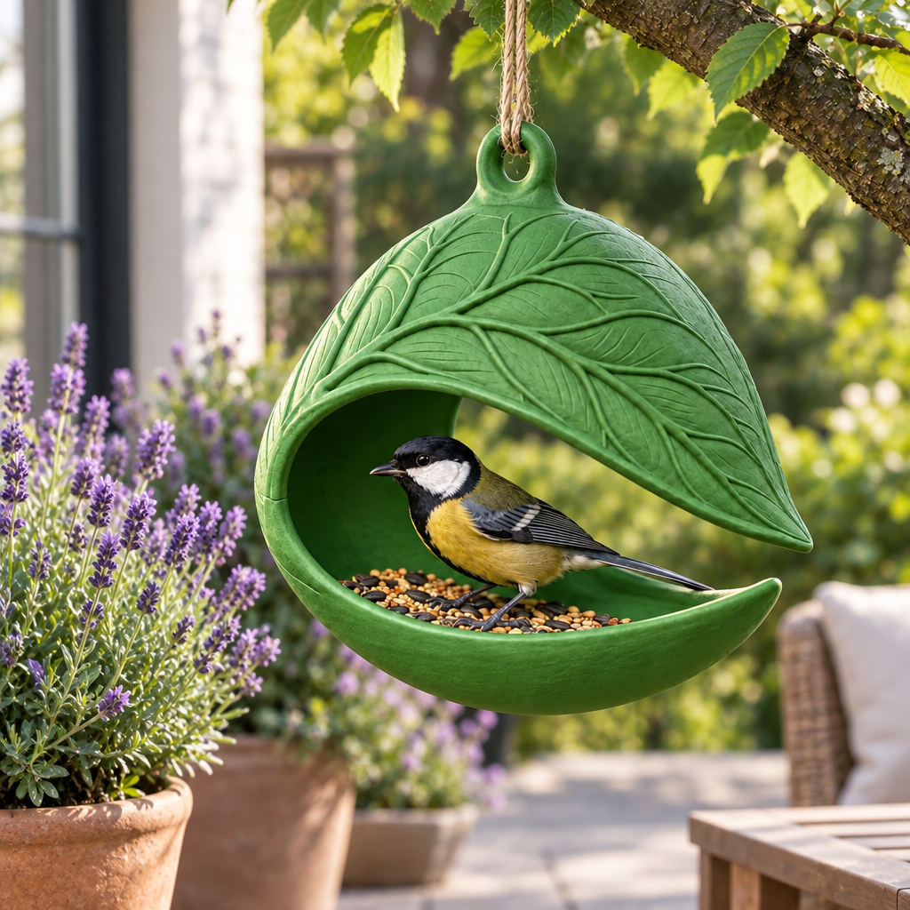 Green Leaf Nest bird feeder beside lavender on a patio