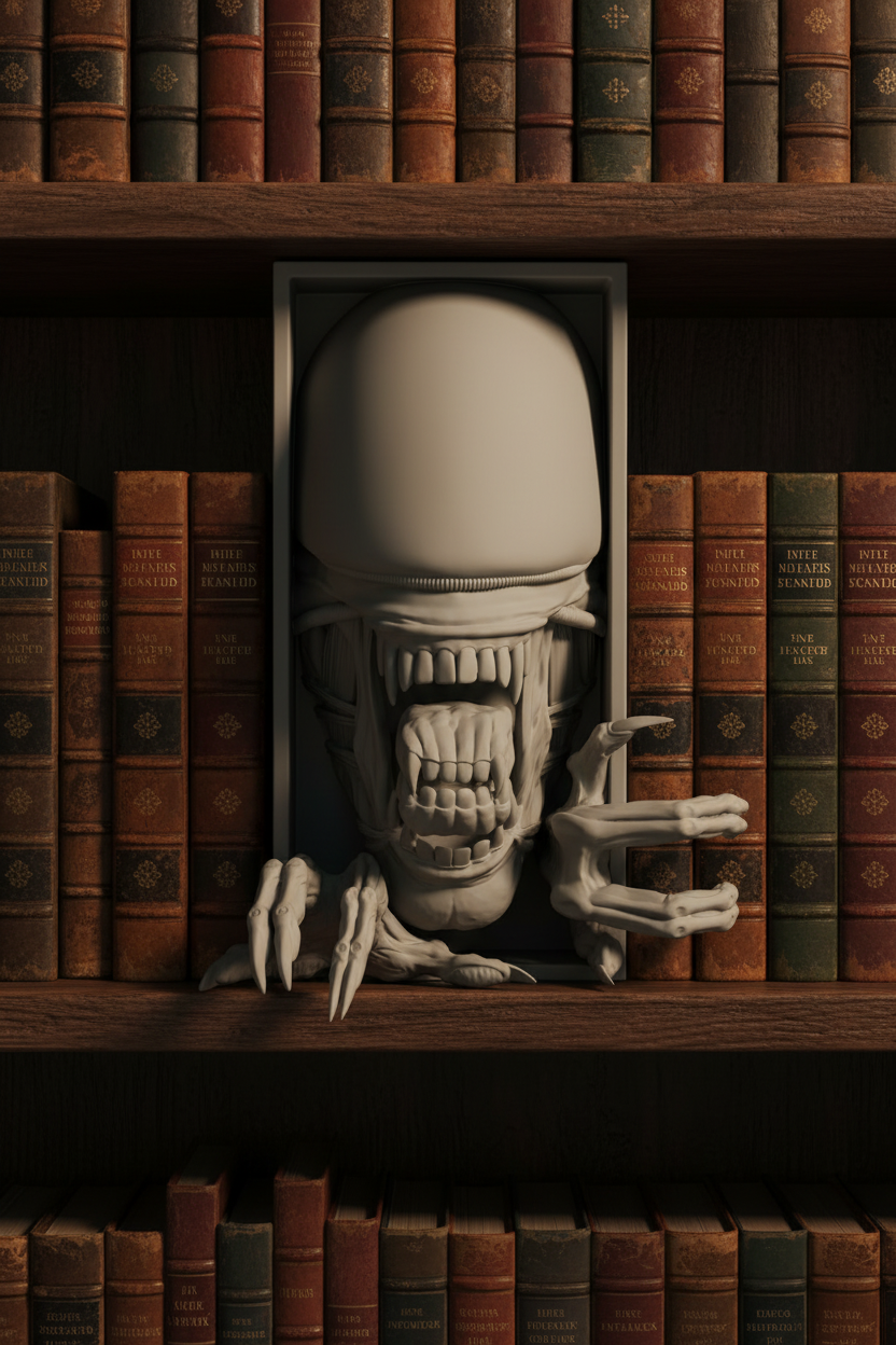 Alien Xenomorph book nook relief sculpture grey framed box dark wooden bookshelf vintage leather hardcover books atmospheric moody science fiction horror library candlelight portrait