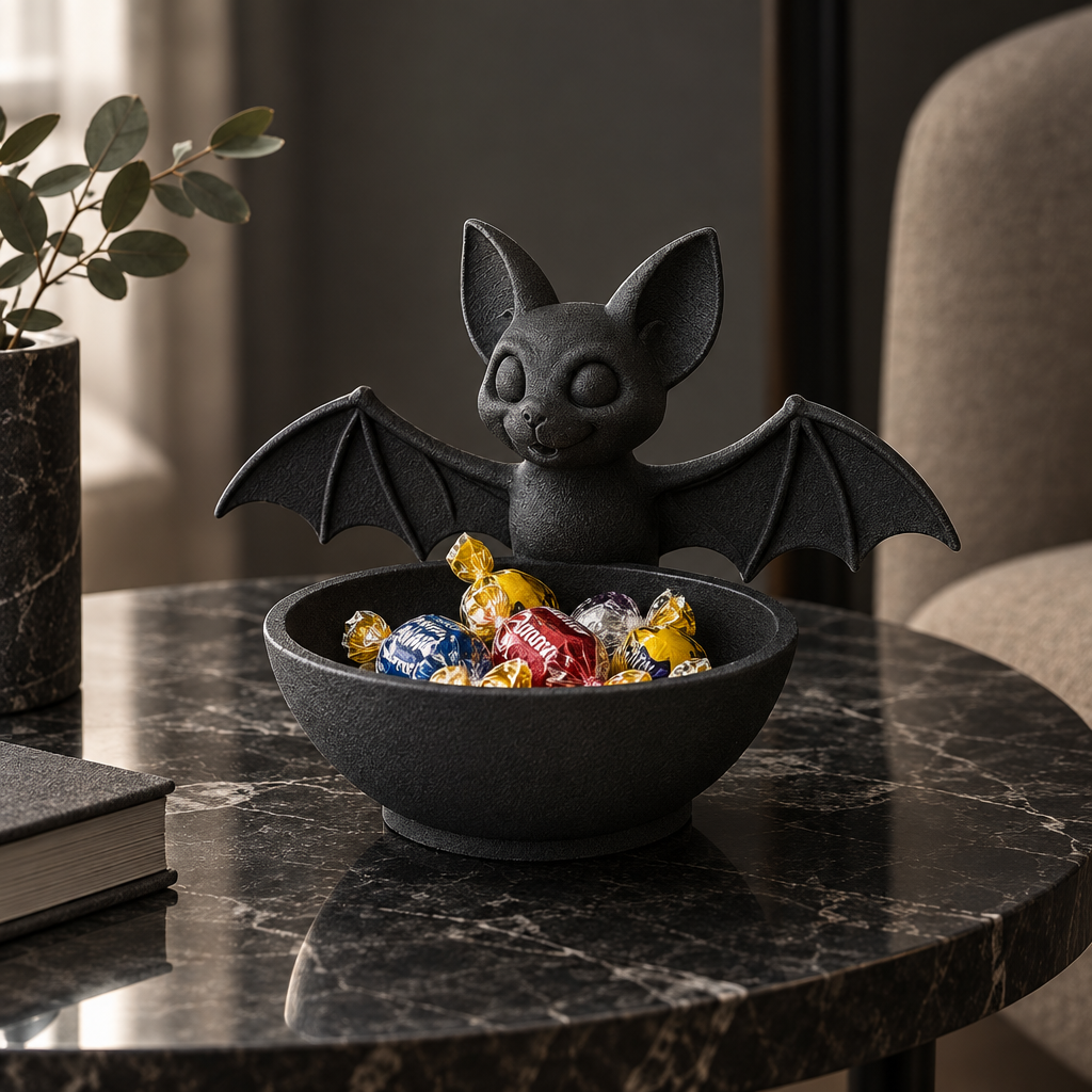 Black Bat Sweet Tray with wrapped sweets on a dark marble side table