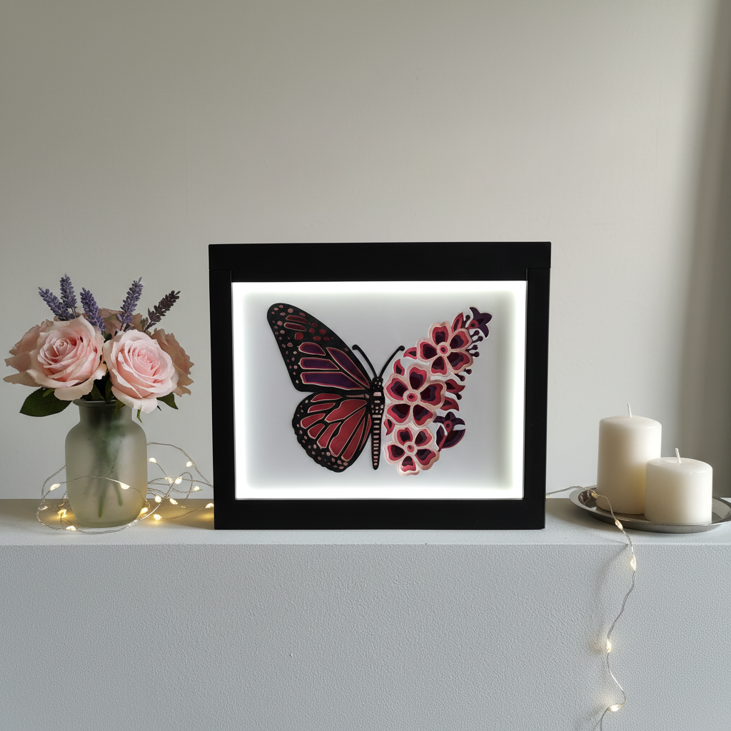 Butterfly Shadow Box displayed on a white bedroom shelf with flowers and candles