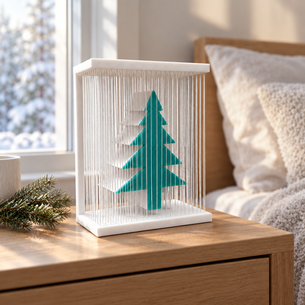 White string-frame tree display on a bedside table by a winter window.