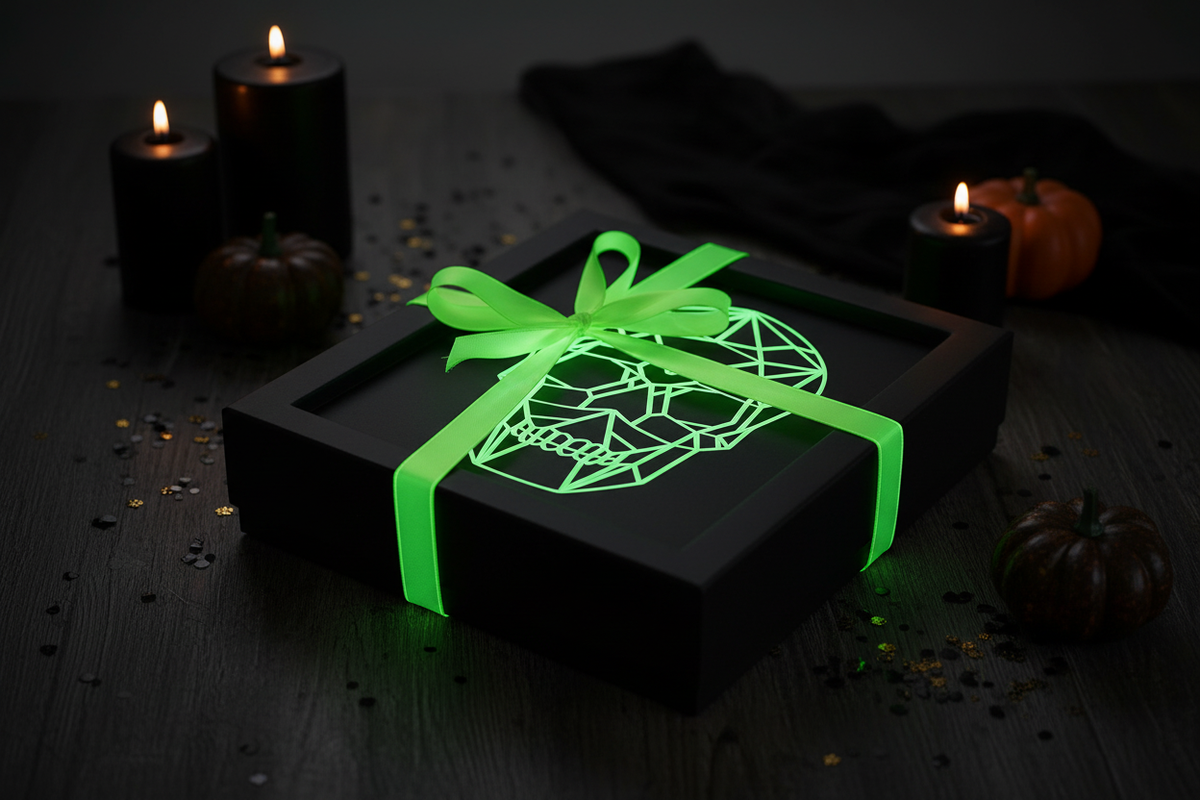 Geometric Glow-in-the-Dark Skull shadow box presented as a Halloween gift in a matte black box with neon green ribbon and Halloween decorations