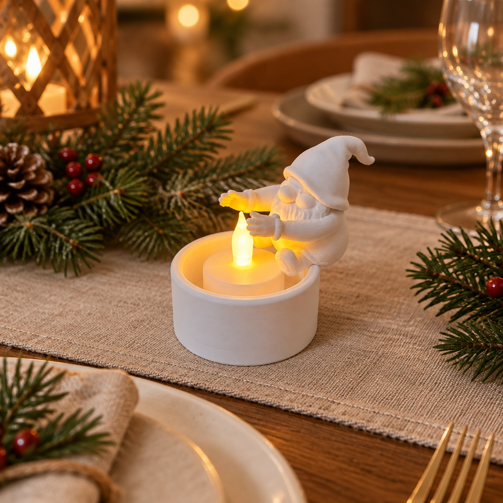 Single Santa tealight holder styled on a Christmas dining table with a linen runner