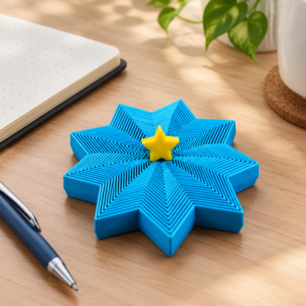 Blue-bodied star-shaped fidget spinner with a yellow centre star on a desk beside stationery