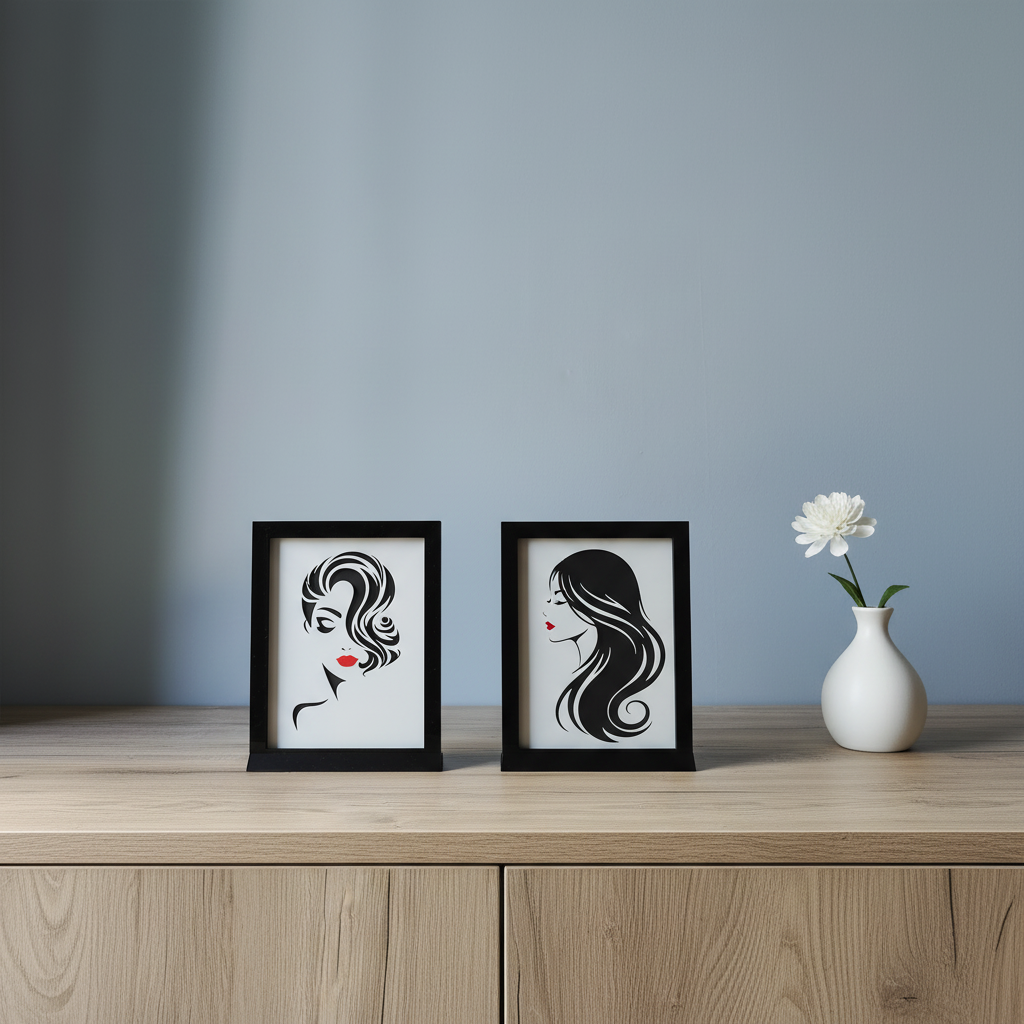 Two Woman's Face Shadow Boxes displayed freestanding on a cabinet top in a chic interior