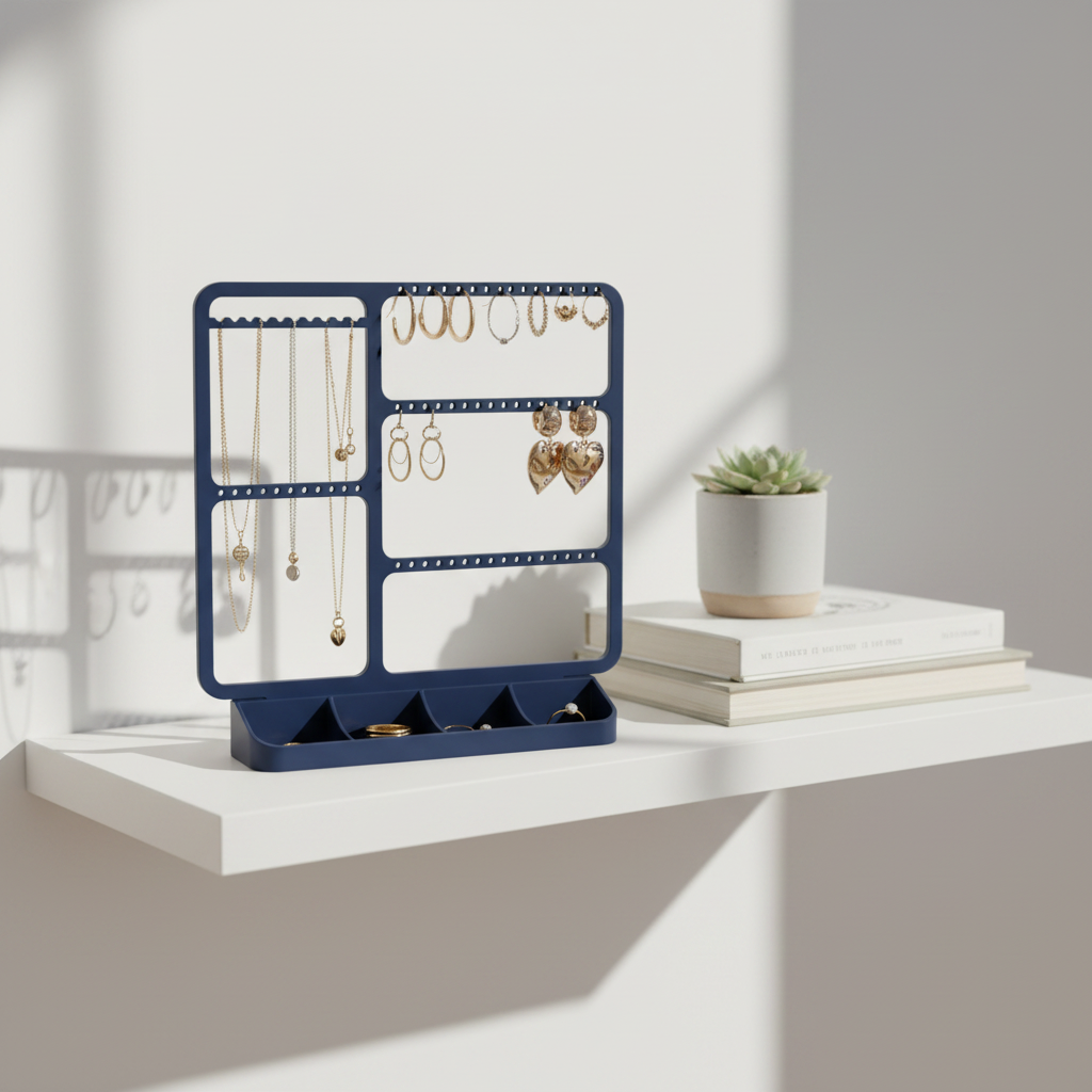 Navy blue jewellery organizer on white shelf with gold jewellery, Scandinavian minimal