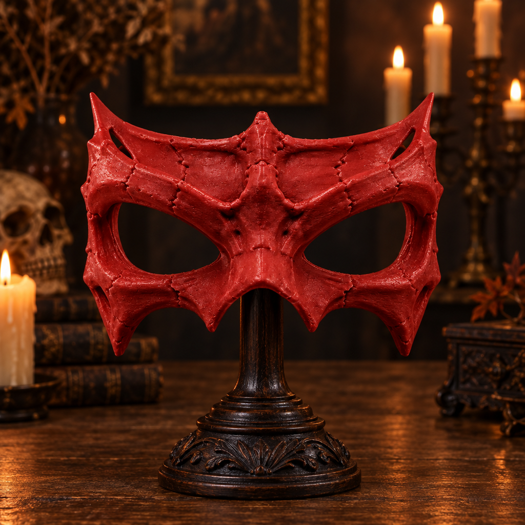 Red Bone Wraith Mask displayed on a carved stand in a Halloween setting.