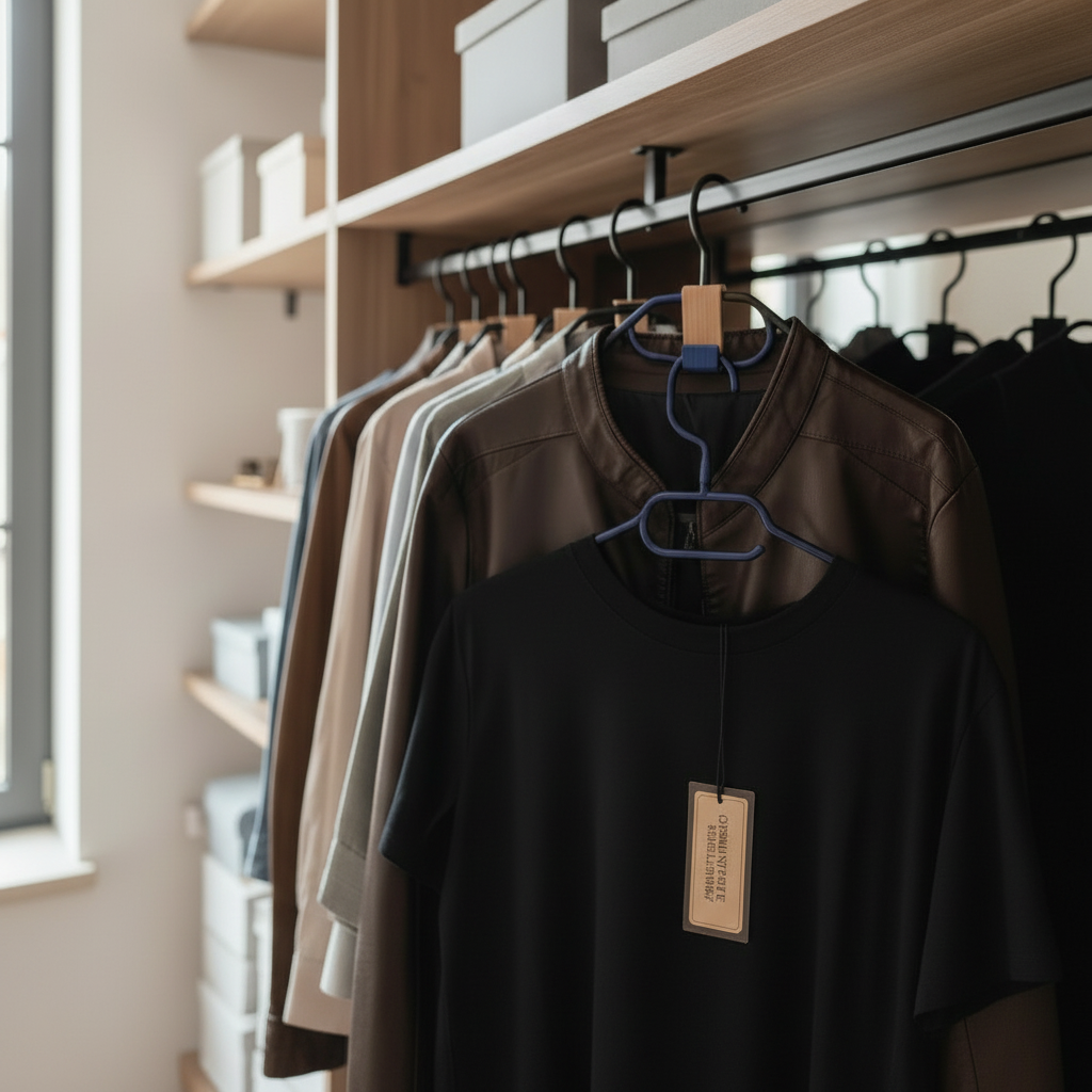 Deep blue hanger hook connecting two hangers in a modern masculine wardrobe