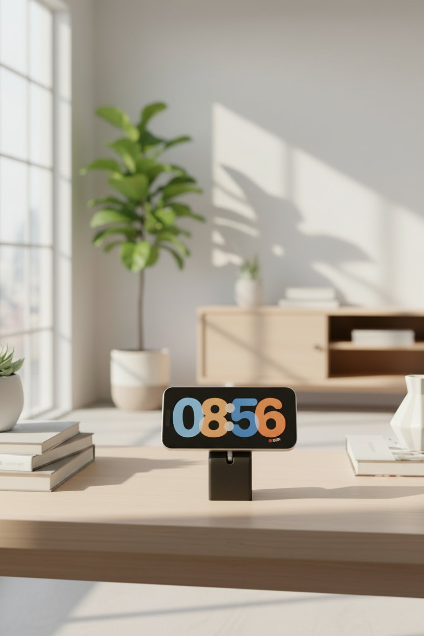 Minimalist MagSafe Charger Stand matte charcoal grey rectangular dock low pedestal base holding smartphone pale oak desk succulent stack of books soft morning window light Japandi home office portrait