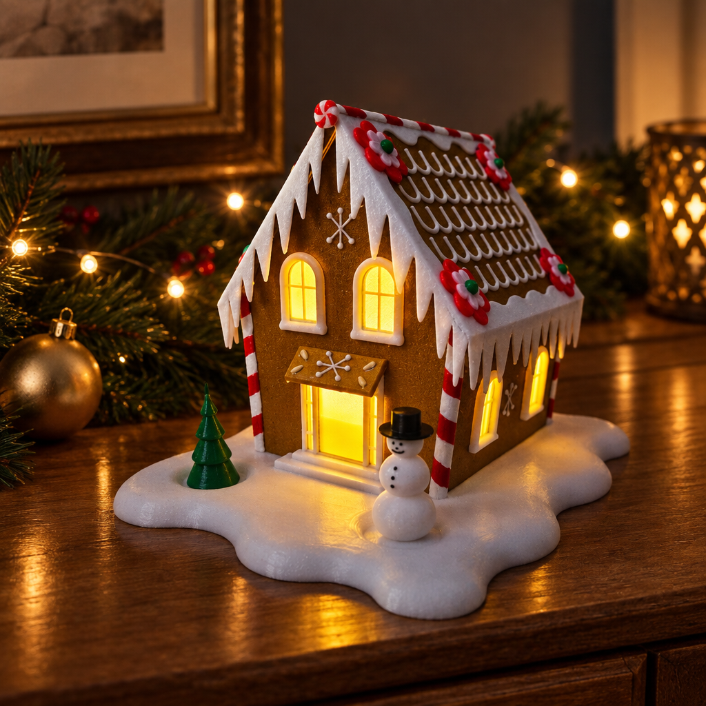 Gingerbread cabin tealight holder on a wooden sideboard with subtle Christmas lights