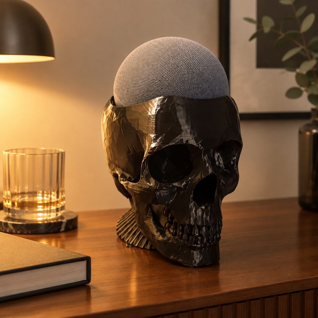 Large glossy black skull with a grey smart speaker as the dome on a sideboard with a glass and book